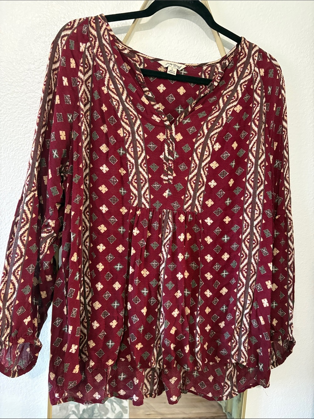 Lucky Brand Women’s V-Neck Peasant Tunic Top - Burgundy Pattern